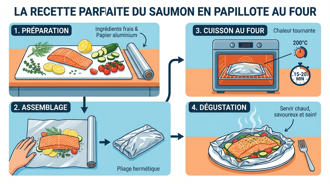 Étapes de la recette de saumon en papillote
