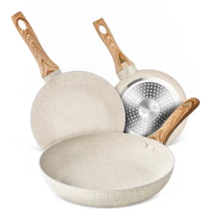 Set de trois poêles antiadhésives effet granit clair avec poignées effet bois