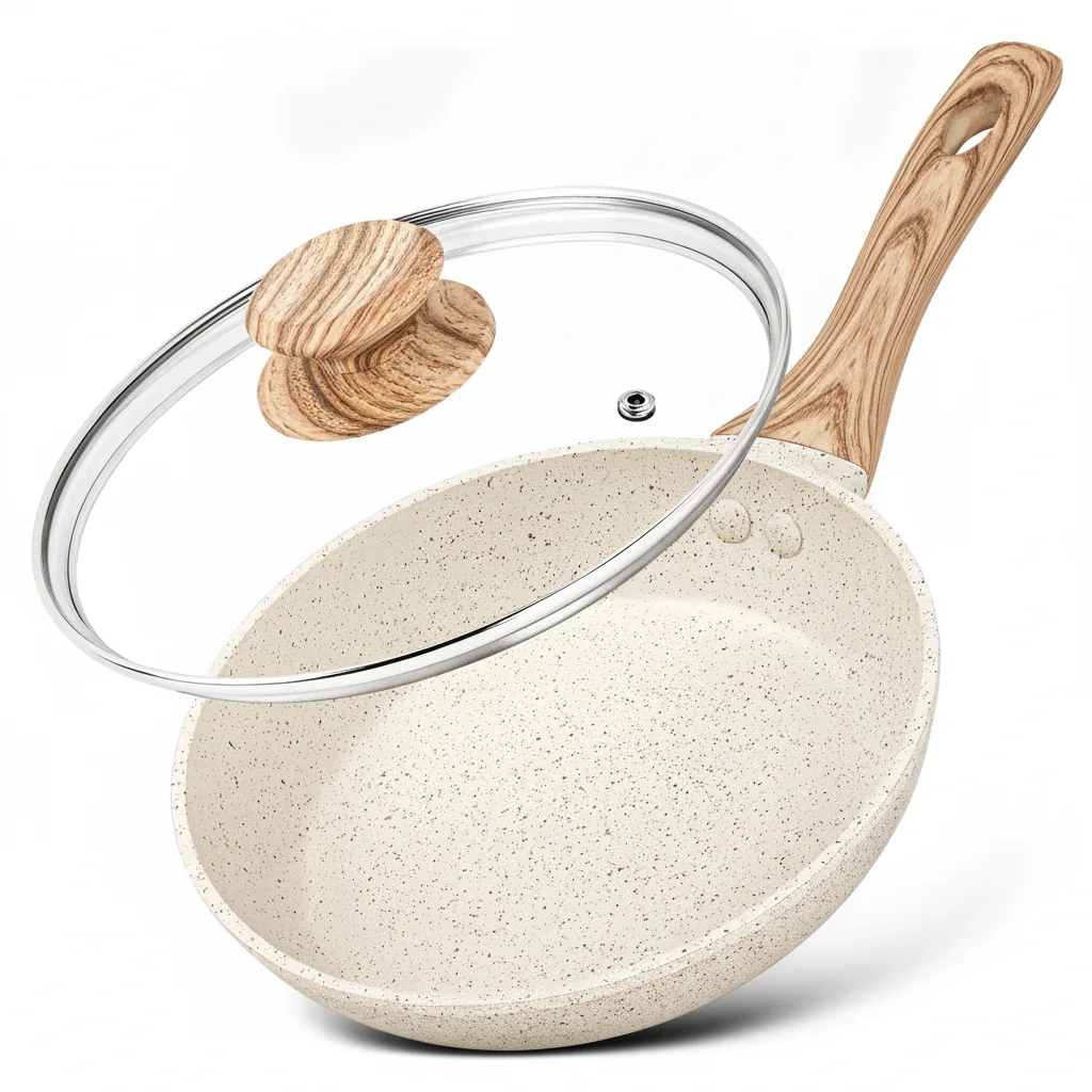 Poêle antiadhésive effet granit avec couvercle en verre, poignée effet bois 2 Poêle effet granit avec son couvercle en verre et sa poignée effet bois