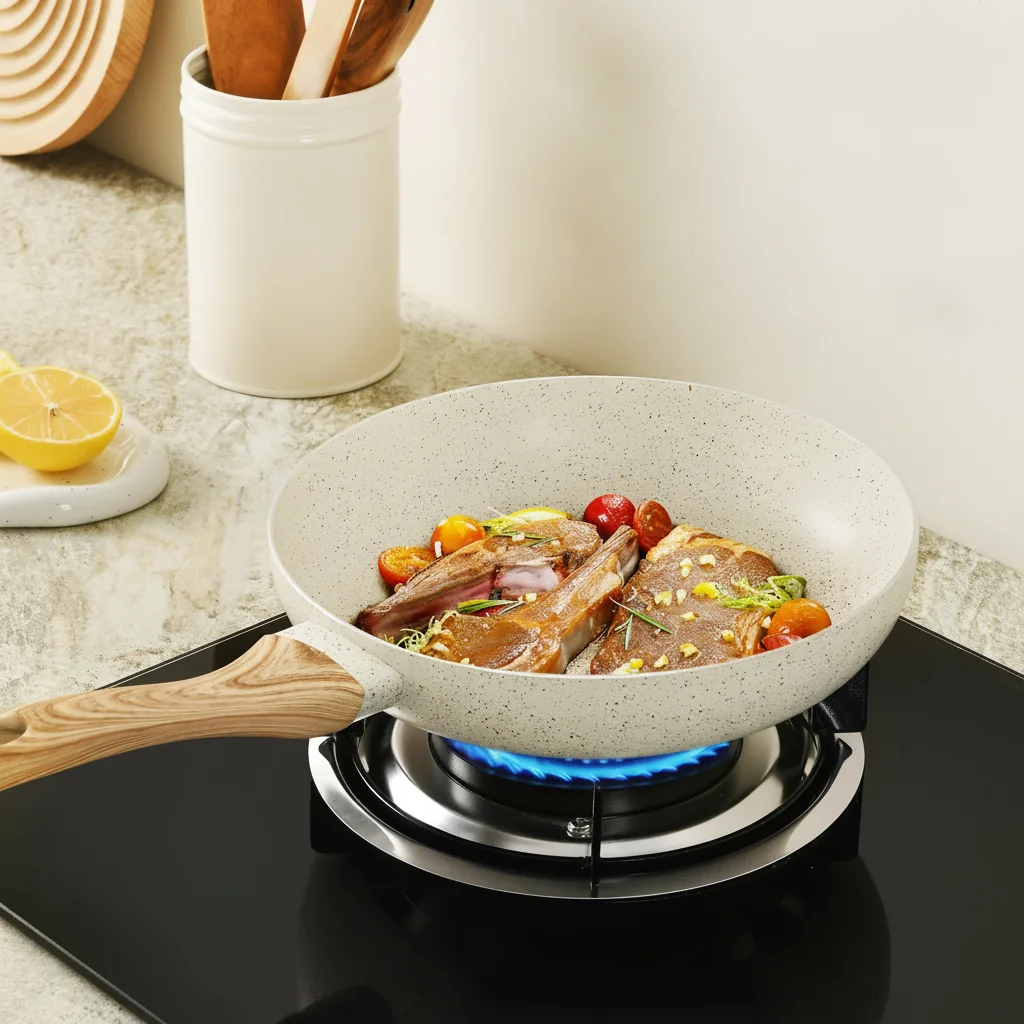 Poêle antiadhésive effet granit avec couvercle en verre, poignée effet bois 4 Sauté de viande et de légumes dans la poêle sur une plaque à gaz