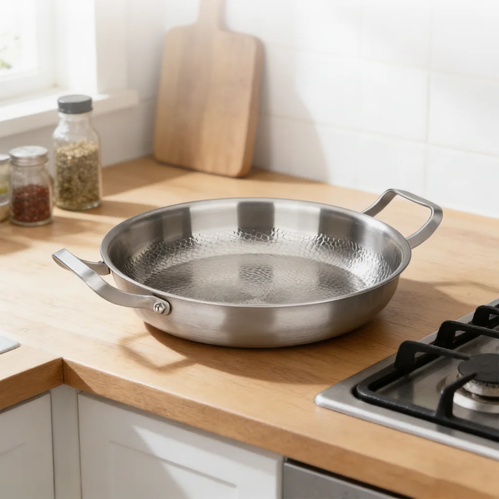 Poêle à deux anses en titane martelé, sans revêtement, 26, 28 ou 30 cm 2 Poêle à deux anses en titane posée sur un plan de travail de cuisine