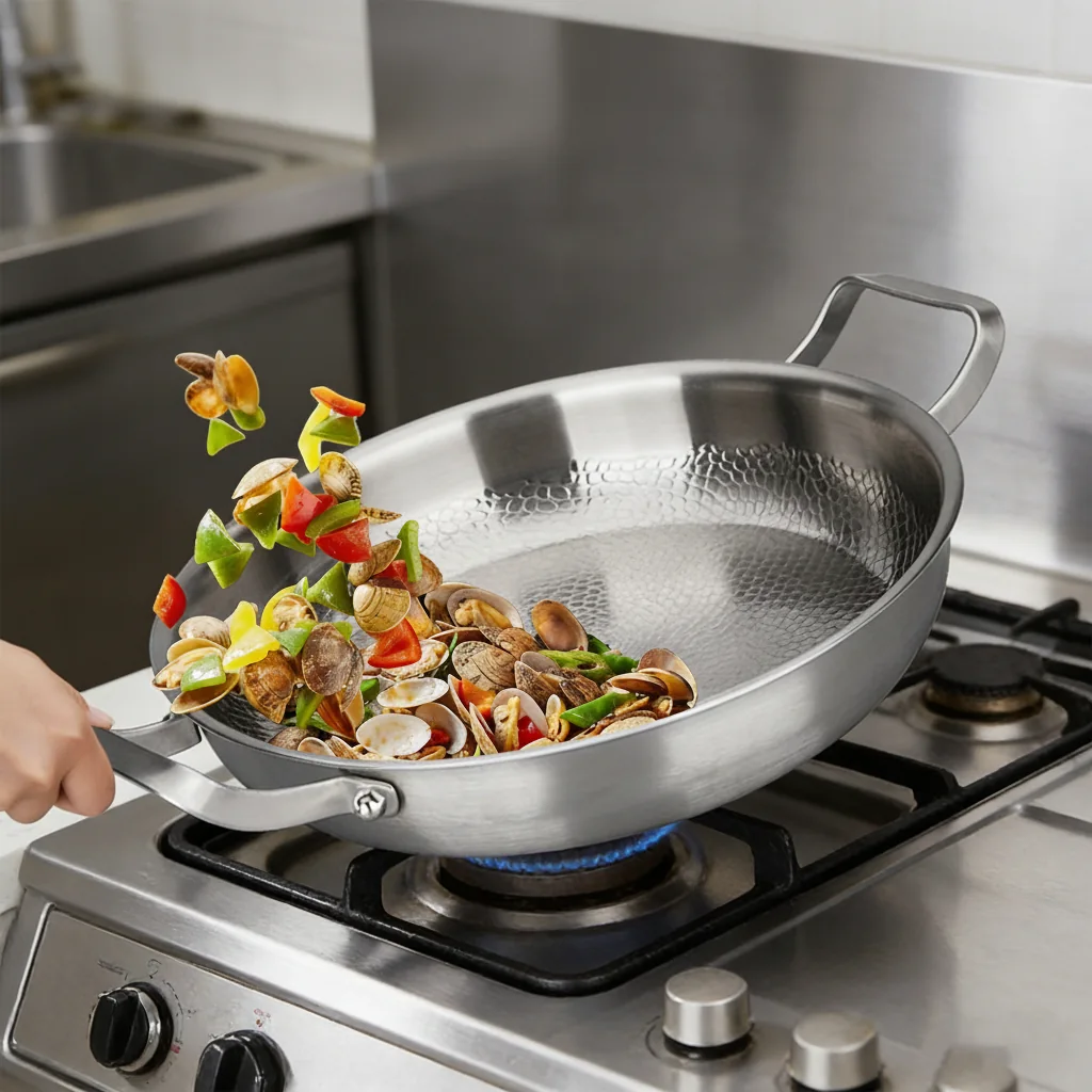 Poêle à deux anses en titane martelé, sans revêtement, 26, 28 ou 30 cm 3 Légumes sautés dans la poêle à deux anses sur une plaque à gaz
