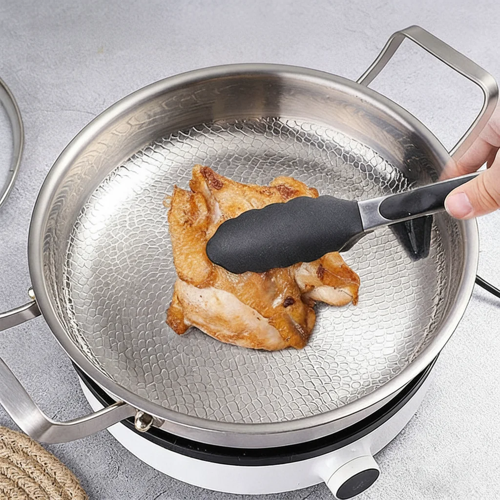 Poêle à deux anses en titane martelé, sans revêtement, 26, 28 ou 30 cm 4 Morceaux de poulet saisis dans la poêle en titane sur une plaque à induction