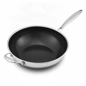 Wok antiadhésif en acier inoxydable avec revêtement alvéolé noir, vue de dessus